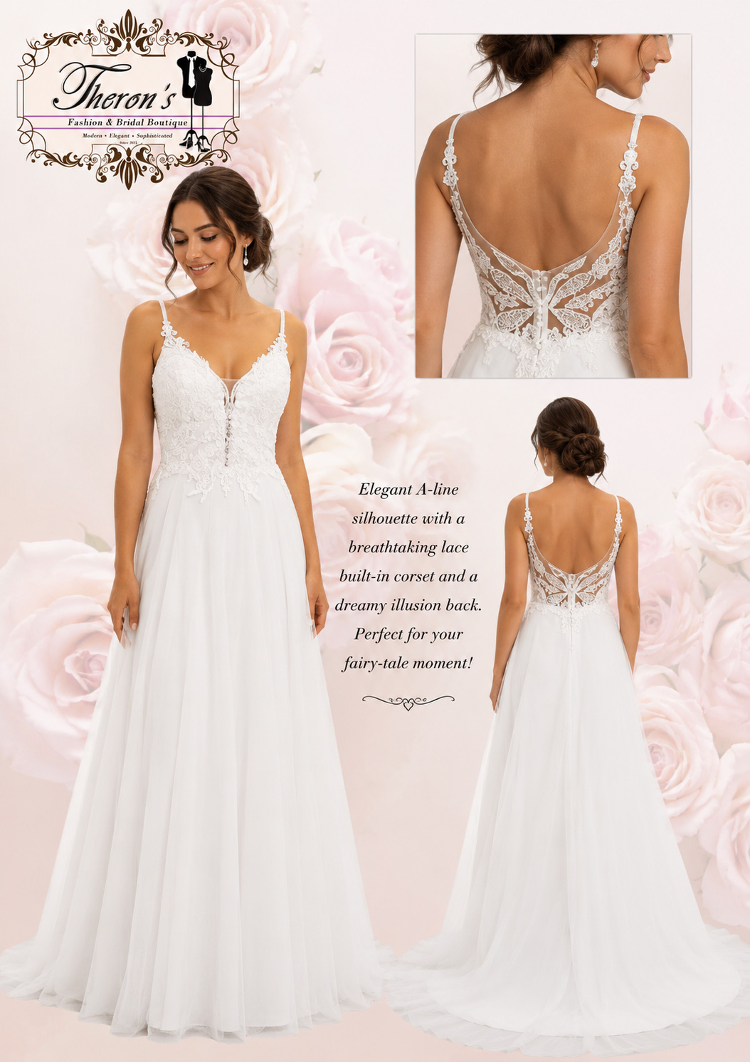 White Wedding Dress — Lace Corset with Illusion Back, A‑Line Silhouette (Size 14/40)