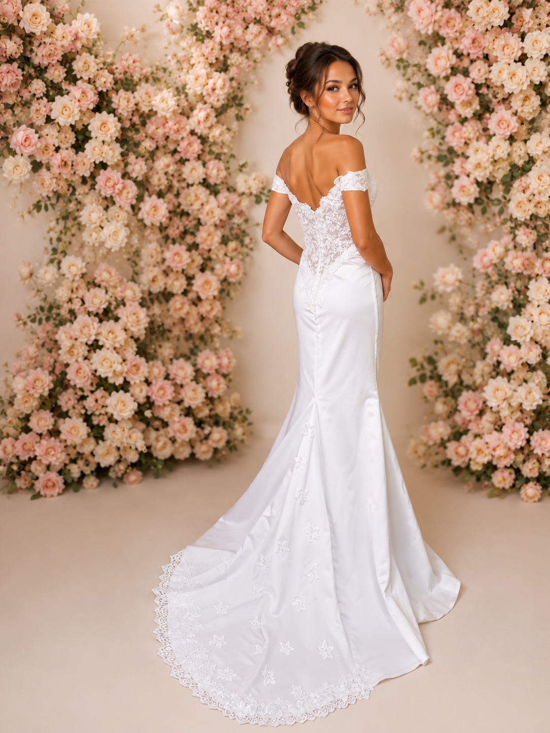 White Wedding Dress Fit and Flare Off Shoulder – Size: 6/32-8/34