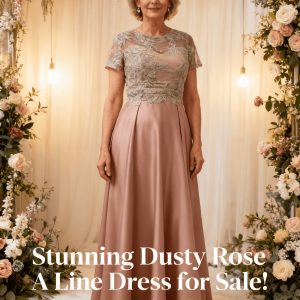 Dusty Rose A-line Dress Beautiful Lace bodice, short sleeves satin skirt - Size: 16/42 - 18/44