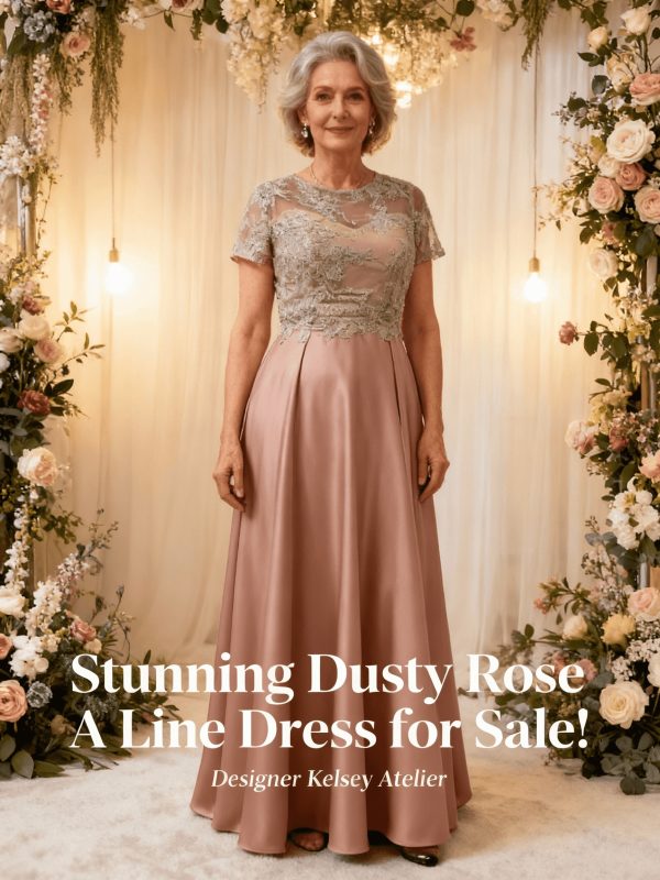 Dusty Rose A-line Dress Beautiful Lace bodice, short sleeves satin skirt - Size: 16/42 - 18/44