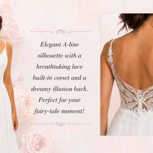White Wedding Dress — Lace Corset with Illusion Back, A‑Line Silhouette (Size 14/40)