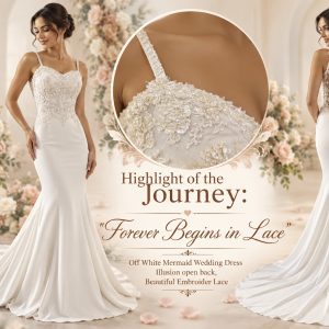 Off White Mermaid Wedding Dress Illusion open back, Beautiful Embroider Lace