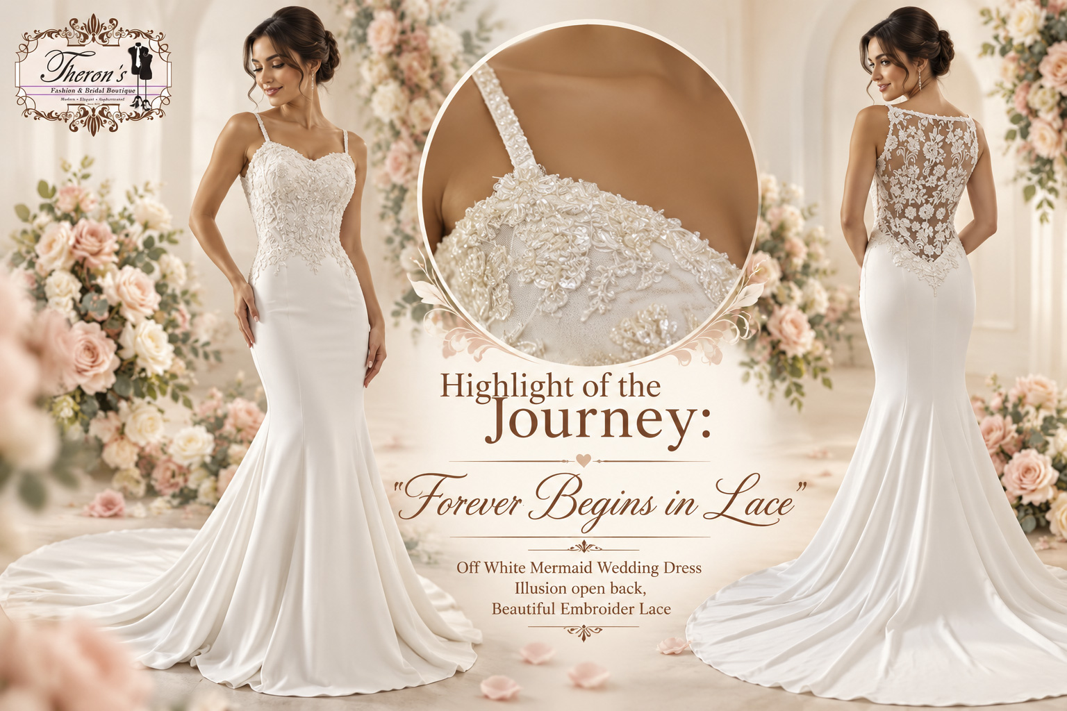 Off White Mermaid Wedding Dress Illusion open back, Beautiful Embroider Lace