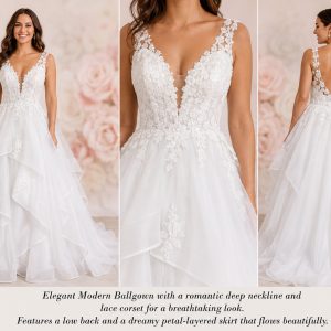Elegant frill petal wedding dress with sweetheart neckline and lace detailing