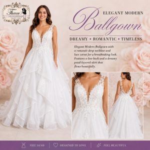 Elegant frill petal wedding dress with sweetheart neckline and lace detailing