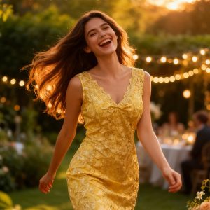 Gold Yellow short dress, Embroider Lace, Low back - Size: 12/38
