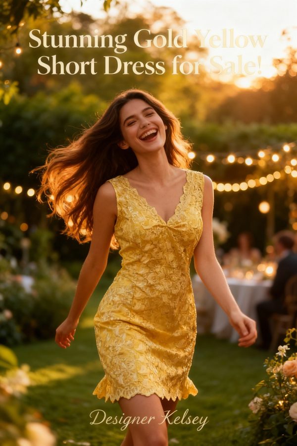 Gold Yellow short dress, Embroider Lace, Low back - Size: 12/38