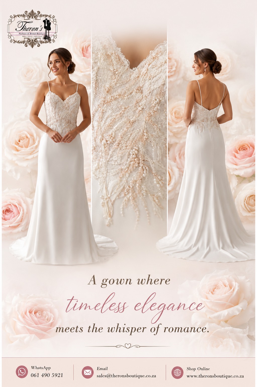 Off White and Peach Wedding Dress Fitted A-Line
