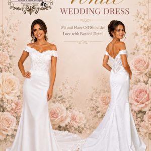 White Wedding Dress — Fit and Flare Off Shoulder Lace with Beaded Detail