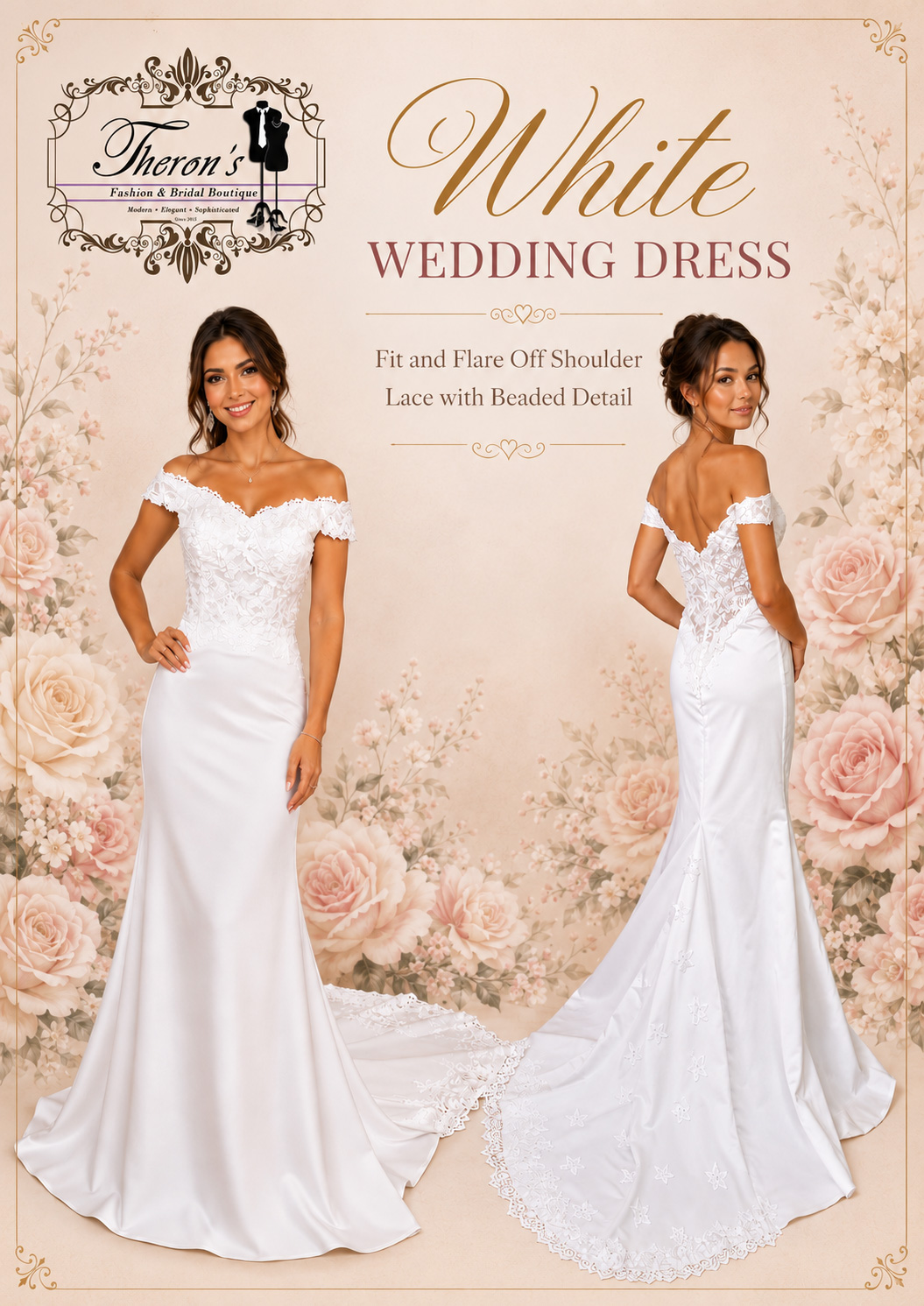 White Wedding Dress — Fit and Flare Off Shoulder Lace with Beaded Detail