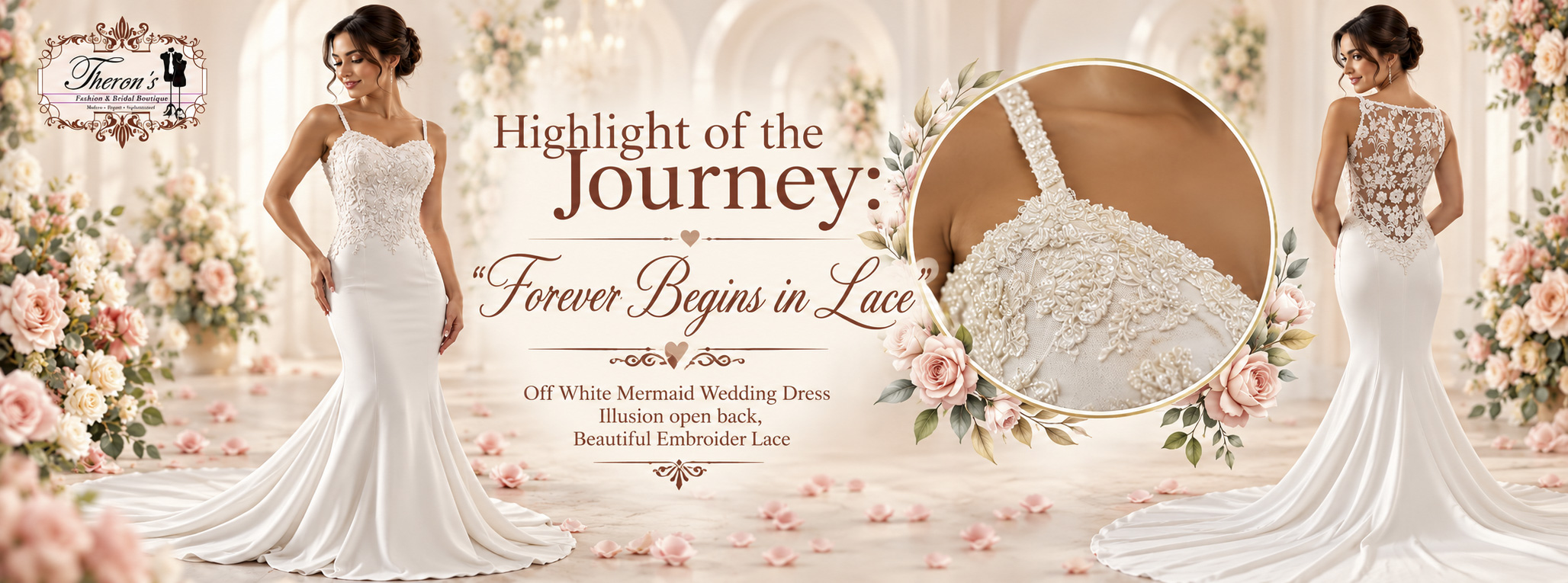 Off White Mermaid Wedding Dress Illusion open back, Beautiful Embroider Lace