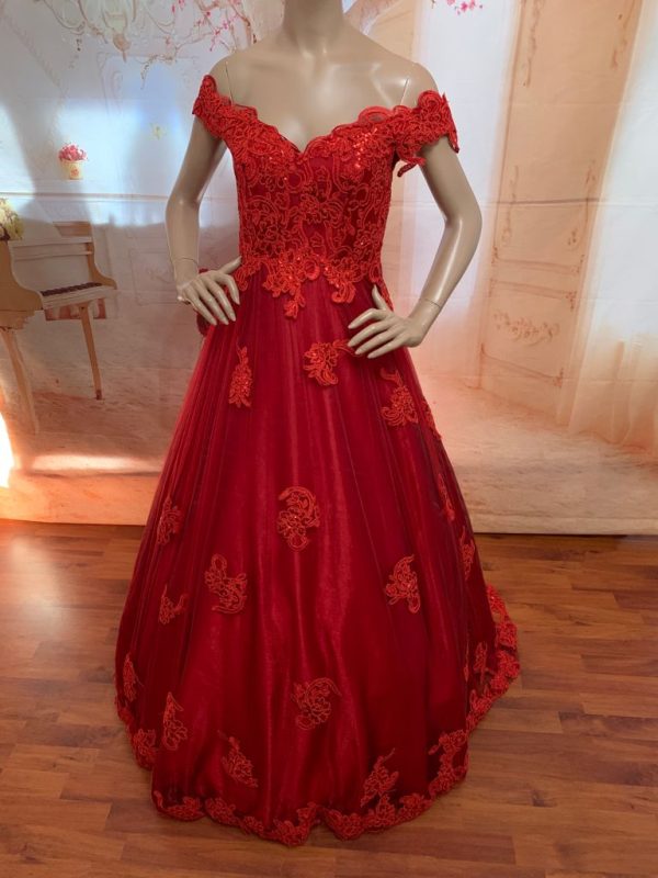 Red Evening Dress, Beautiful Off Shoulder A-Line Tulle with Lace - Size: 10 (US) Theron's Fashion and Bridal Boutique
