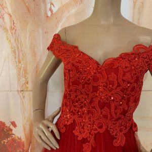 Red Evening Dress, Beautiful Off Shoulder A-Line Tulle with Lace - Size: 10 (US)