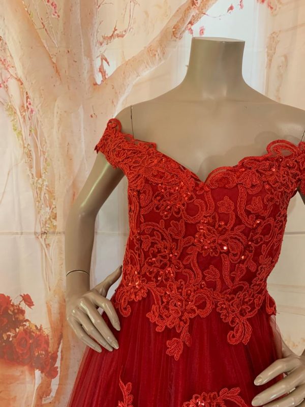 Red Evening Dress, Beautiful Off Shoulder A-Line Tulle with Lace - Size: 10 (US)