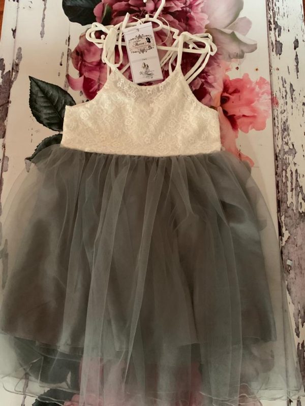 White & Grey Flower Girl Unique Dress Net Skirt and Lace - Size 6 years old Theron's Fashion and Bridal Boutique