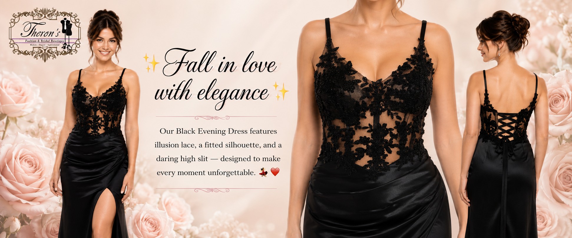 Black Evening Dress Beautiful Illusion corset, High slit