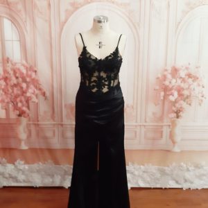 Black Evening Dress Beautiful Illusion corset, Fitted with High slit - Size: 14 US Theron’s Fashion and Bridal Boutique