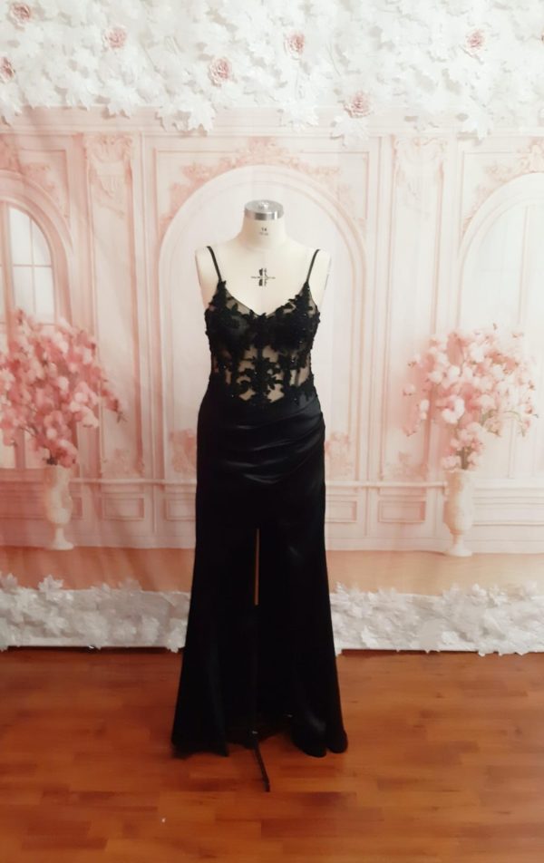 Black Evening Dress Beautiful Illusion corset, Fitted with High slit - Size: 14 US Theron’s Fashion and Bridal Boutique