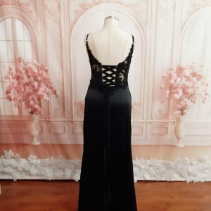 Black Evening Dress Beautiful Illusion corset, Fitted with High slit Theron’s Fashion and Bridal Boutique