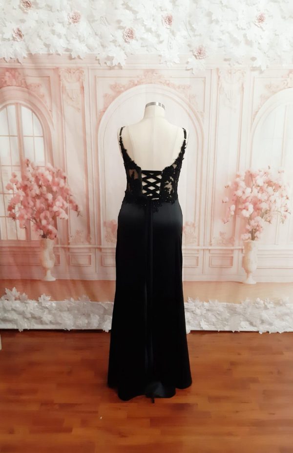 Black Evening Dress Beautiful Illusion corset, Fitted with High slit Theron’s Fashion and Bridal Boutique