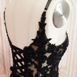 Black Evening Dress Beautiful Illusion corset, Fitted with High slit - Size: 14 US Theron’s Fashion and Bridal Boutique