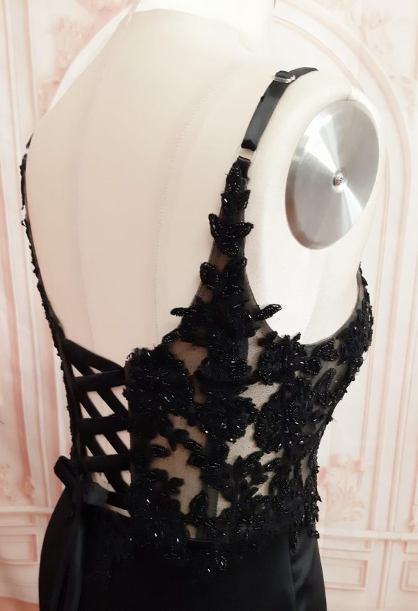 Black Evening Dress Beautiful Illusion corset, Fitted with High slit - Size: 14 US Theron’s Fashion and Bridal Boutique