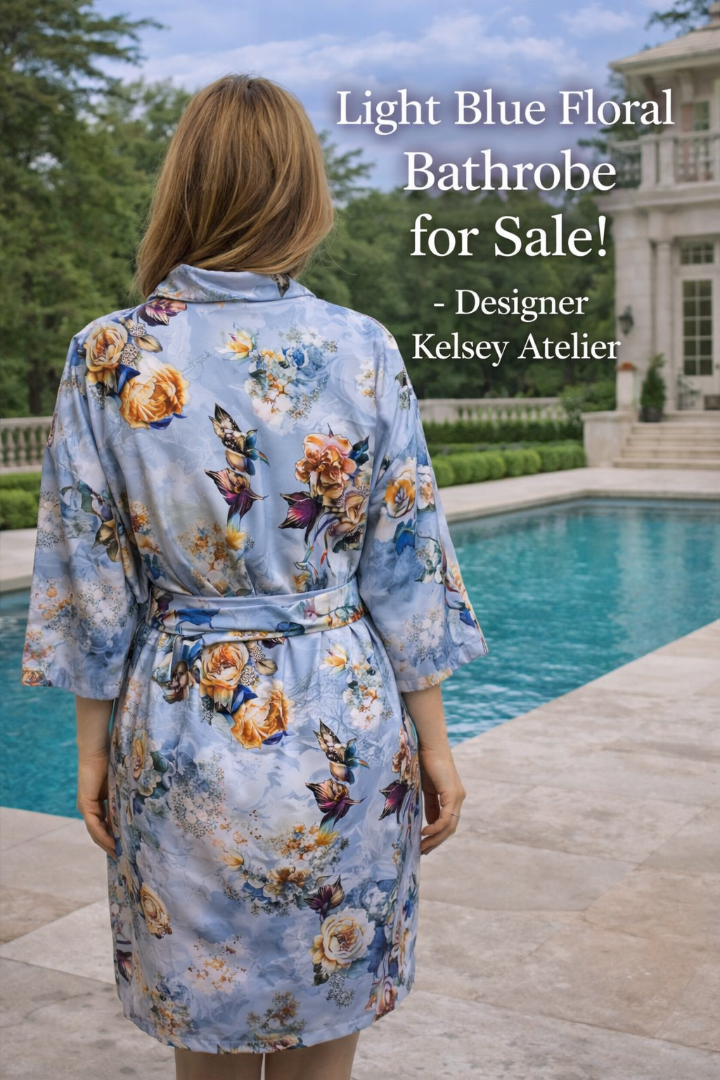 Floral light blue bathrobe back